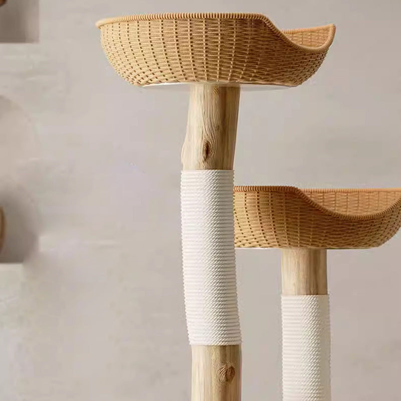 Traditional Japanese Round Rubberwood Natural Fruitwood Sisal 1-Condo 2-Perch Cat Tree For Bedroom