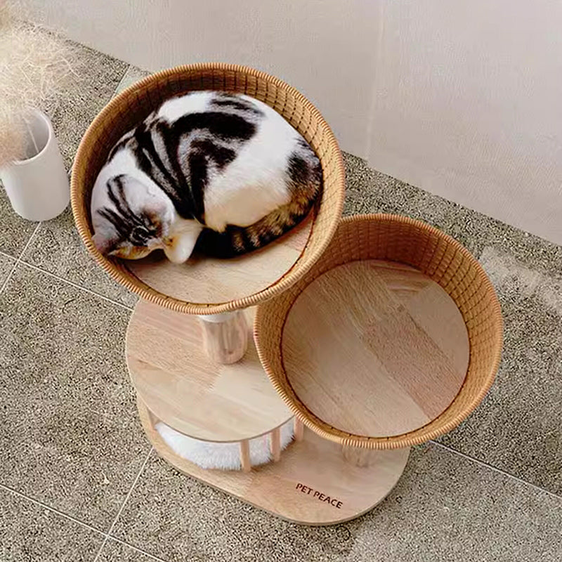 Traditional Japanese Round Rubberwood Natural Fruitwood Sisal 1-Condo 2-Perch Cat Tree For Bedroom