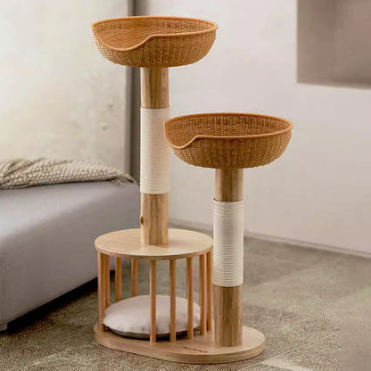 Traditional Japanese Round Rubberwood Natural Fruitwood Sisal 1-Condo 2-Perch Cat Tree For Bedroom