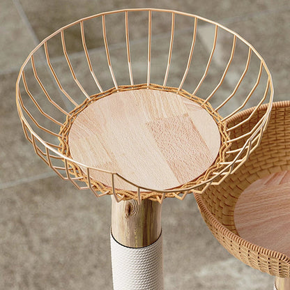 Traditional Japanese Round Rubberwood Natural Fruitwood Sisal 1-Condo 2-Perch Cat Tree For Bedroom