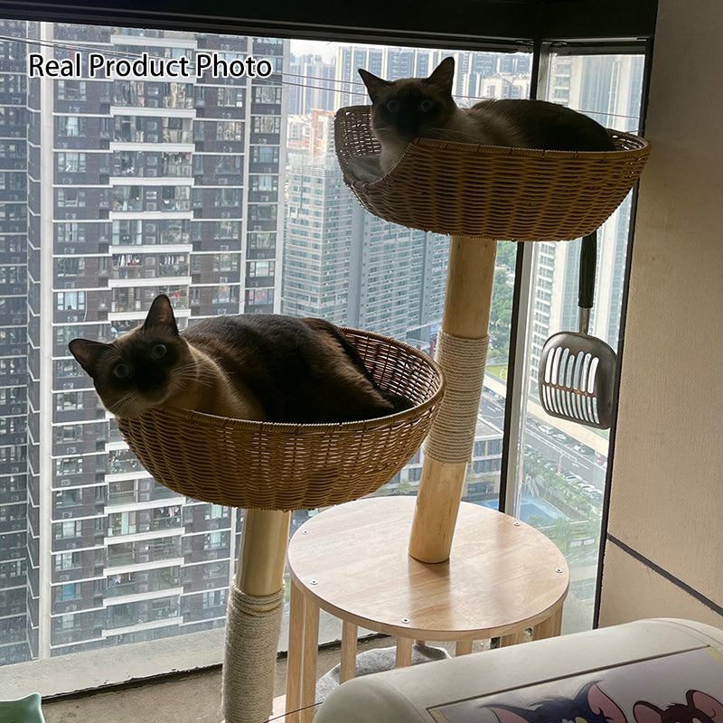 Traditional Japanese Round Rubberwood Natural Fruitwood Sisal 1-Condo 2-Perch Cat Tree For Bedroom
