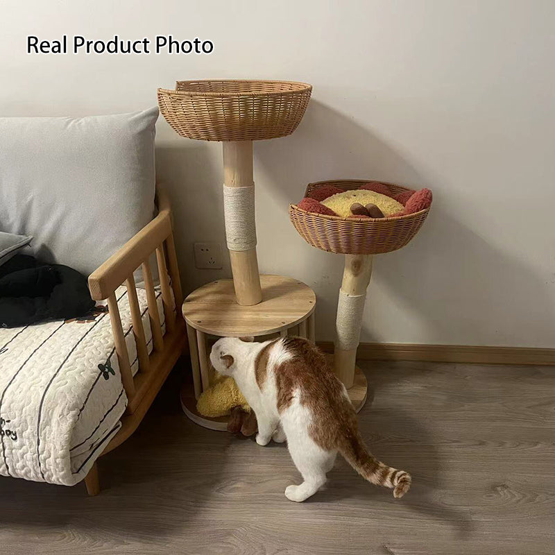 Traditional Japanese Round Rubberwood Natural Fruitwood Sisal 1-Condo 2-Perch Cat Tree For Bedroom