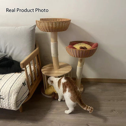 Traditional Japanese Round Rubberwood Natural Fruitwood Sisal 1-Condo 2-Perch Cat Tree For Bedroom