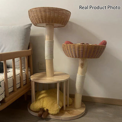 Traditional Japanese Round Rubberwood Natural Fruitwood Sisal 1-Condo 2-Perch Cat Tree For Bedroom