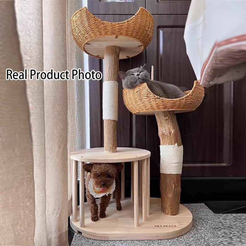 Traditional Japanese Round Rubberwood Natural Fruitwood Sisal 1-Condo 2-Perch Cat Tree For Bedroom