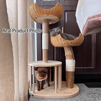 Traditional Japanese Round Rubberwood Natural Fruitwood Sisal 1-Condo 2-Perch Cat Tree For Bedroom