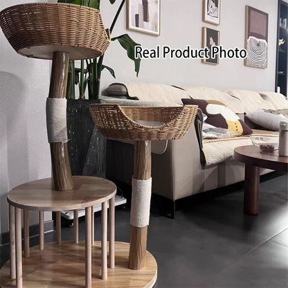 Traditional Japanese Round Rubberwood Natural Fruitwood Sisal 1-Condo 2-Perch Cat Tree For Bedroom