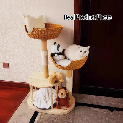 Traditional Japanese Round Rubberwood Natural Fruitwood Sisal 1-Condo 2-Perch Cat Tree For Bedroom