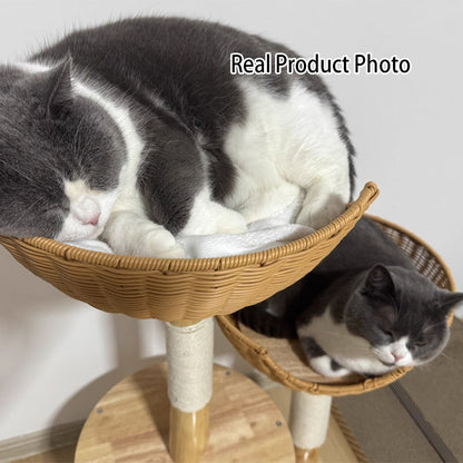 Traditional Japanese Round Rubberwood Natural Fruitwood Sisal 1-Condo 2-Perch Cat Tree For Bedroom