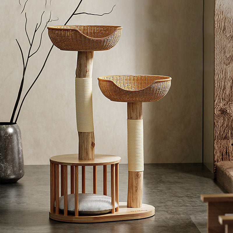 Traditional Japanese Round Rubberwood Natural Fruitwood Sisal 1-Condo 2-Perch Cat Tree For Bedroom