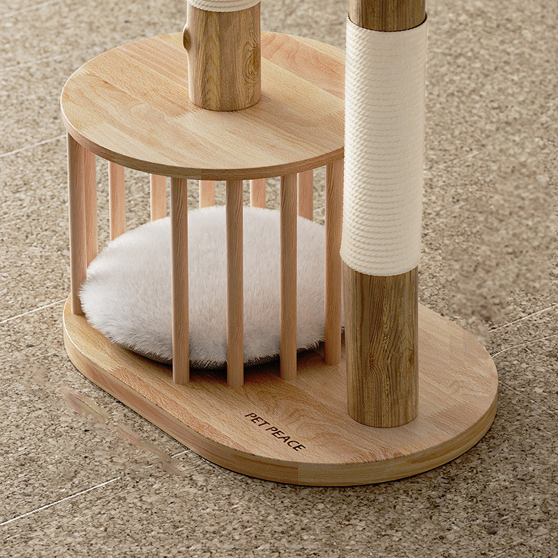 Traditional Japanese Round Rubberwood Natural Fruitwood Sisal 1-Condo 2-Perch Cat Tree For Bedroom