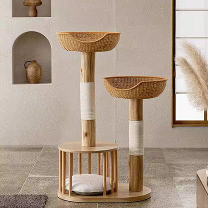 Traditional Japanese Round Rubberwood Natural Fruitwood Sisal 1-Condo 2-Perch Cat Tree For Bedroom