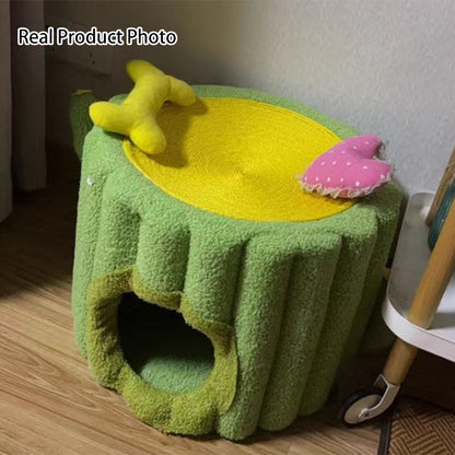 Contemporary Creative Round Velvet Fabric Hemp Rope 1-Condo Cat Bed For Bedroom