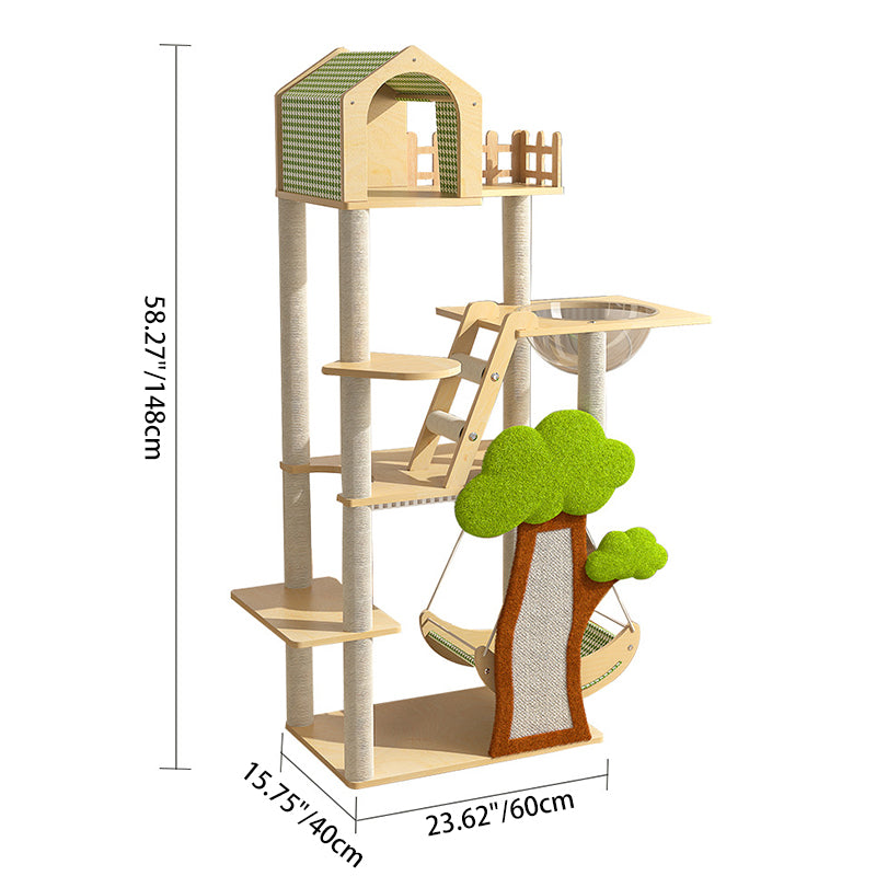 Contemporary Creative Treehouse Design Medium Density Fiberboard Sisal Kraft Paper Velvet Plastic Cotton-Linen Cat Tree & Condo 1-Hammock 1-Scratching Post For Living Room
