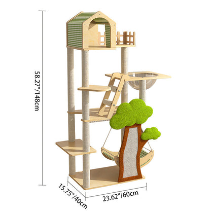 Contemporary Creative Treehouse Design Medium Density Fiberboard Sisal Kraft Paper Velvet Plastic Cotton-Linen Cat Tree & Condo 1-Hammock 1-Scratching Post For Living Room