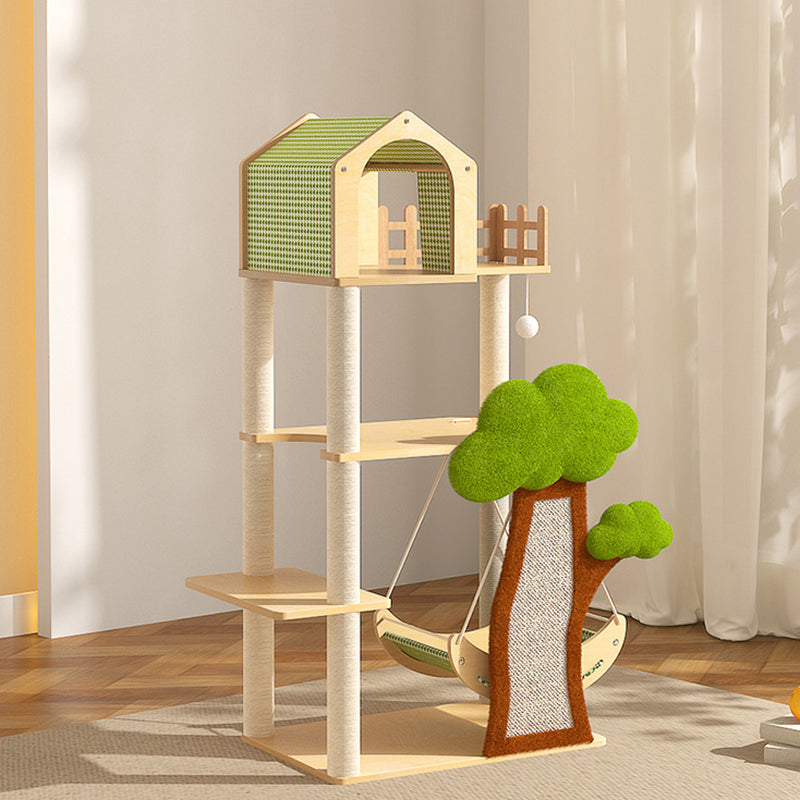 Contemporary Creative Treehouse Design Medium Density Fiberboard Sisal Kraft Paper Velvet Plastic Cotton-Linen Cat Tree & Condo 1-Hammock 1-Scratching Post For Living Room