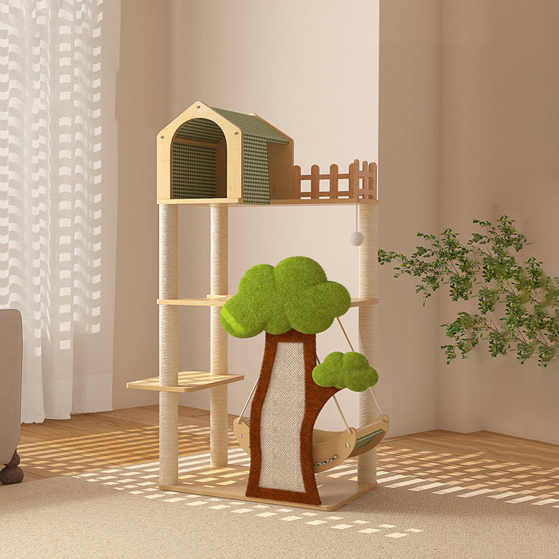 Contemporary Creative Treehouse Design Medium Density Fiberboard Sisal Kraft Paper Velvet Plastic Cotton-Linen Cat Tree & Condo 1-Hammock 1-Scratching Post For Living Room
