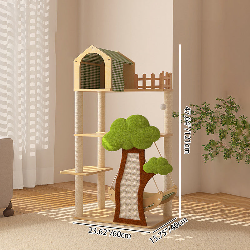 Contemporary Creative Treehouse Design Medium Density Fiberboard Sisal Kraft Paper Velvet Plastic Cotton-Linen Cat Tree & Condo 1-Hammock 1-Scratching Post For Living Room
