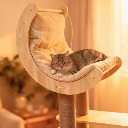 Contemporary Scandinavian Rectangular Cylindrical Curved Solid Wood Plywood Hemp Rope Thickened Cardboard Tube Plastic Velvet Cat Tree & Condo 3-Condo 1-Perch For Living Room