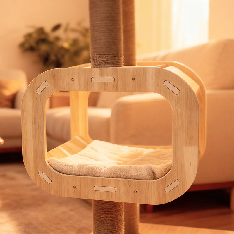 Contemporary Scandinavian Rectangular Cylindrical Curved Solid Wood Plywood Hemp Rope Thickened Cardboard Tube Plastic Velvet Cat Tree & Condo 3-Condo 1-Perch For Living Room