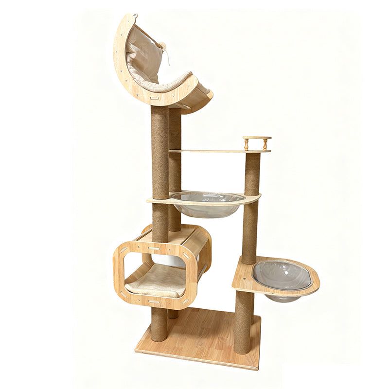 Contemporary Scandinavian Rectangular Cylindrical Curved Solid Wood Plywood Hemp Rope Thickened Cardboard Tube Plastic Velvet Cat Tree & Condo 3-Condo 1-Perch For Living Room