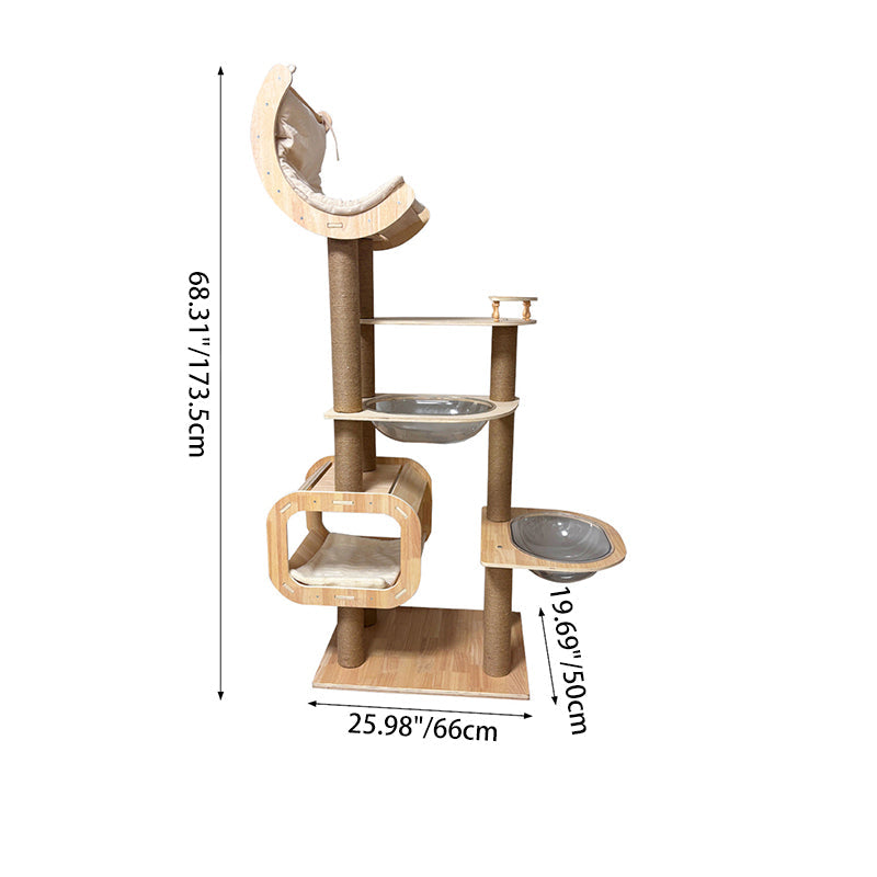Contemporary Scandinavian Rectangular Cylindrical Curved Solid Wood Plywood Hemp Rope Thickened Cardboard Tube Plastic Velvet Cat Tree & Condo 3-Condo 1-Perch For Living Room