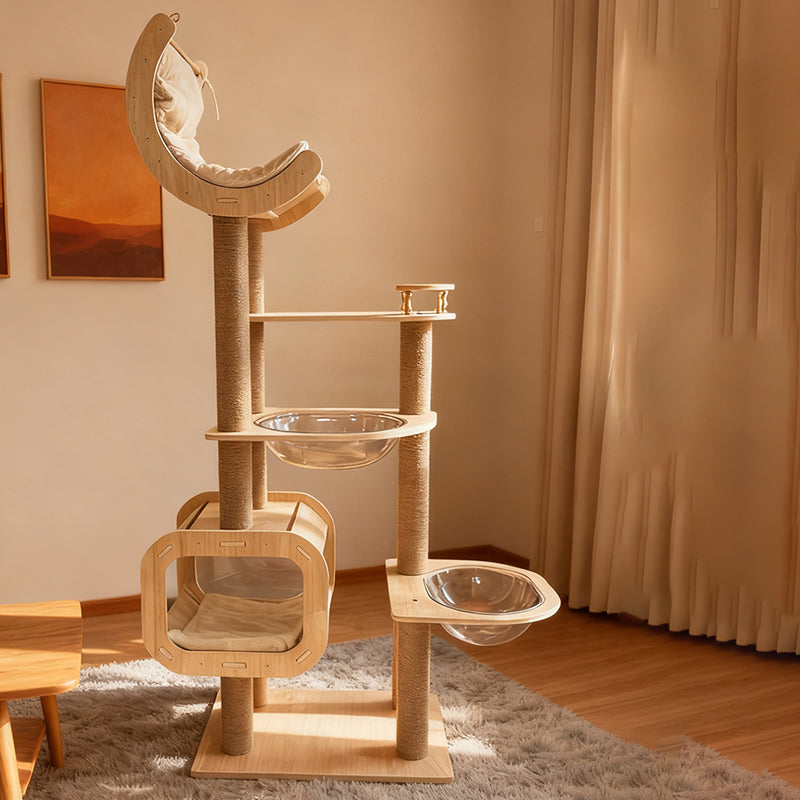 Contemporary Scandinavian Rectangular Cylindrical Curved Solid Wood Plywood Hemp Rope Thickened Cardboard Tube Plastic Velvet Cat Tree & Condo 3-Condo 1-Perch For Living Room