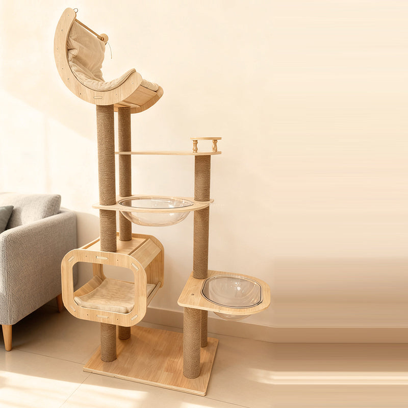 Contemporary Scandinavian Rectangular Cylindrical Curved Solid Wood Plywood Hemp Rope Thickened Cardboard Tube Plastic Velvet Cat Tree & Condo 3-Condo 1-Perch For Living Room
