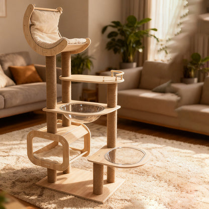 Contemporary Scandinavian Rectangular Cylindrical Curved Solid Wood Plywood Hemp Rope Thickened Cardboard Tube Plastic Velvet Cat Tree & Condo 3-Condo 1-Perch For Living Room
