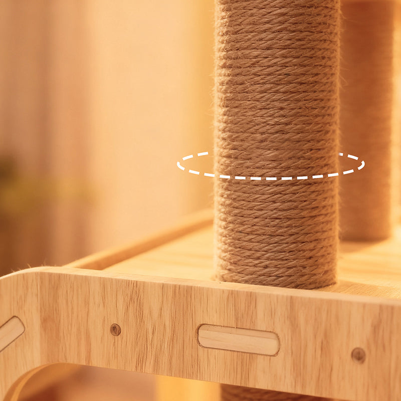 Contemporary Scandinavian Rectangular Cylindrical Curved Solid Wood Plywood Hemp Rope Thickened Cardboard Tube Plastic Velvet Cat Tree & Condo 3-Condo 1-Perch For Living Room