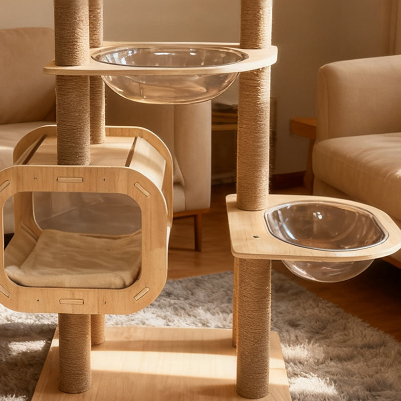 Contemporary Scandinavian Rectangular Cylindrical Curved Solid Wood Plywood Hemp Rope Thickened Cardboard Tube Plastic Velvet Cat Tree & Condo 3-Condo 1-Perch For Living Room