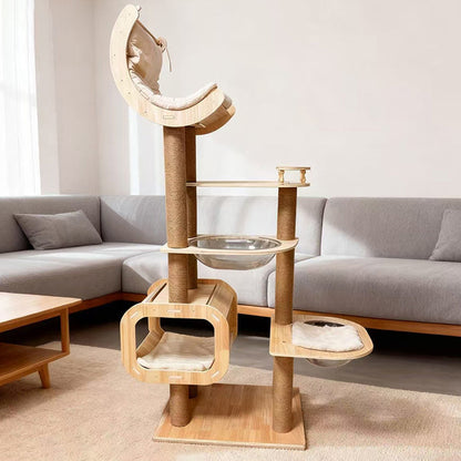 Contemporary Scandinavian Rectangular Cylindrical Curved Solid Wood Plywood Hemp Rope Thickened Cardboard Tube Plastic Velvet Cat Tree & Condo 3-Condo 1-Perch For Living Room