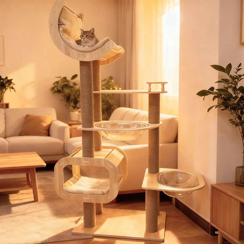 Contemporary Scandinavian Rectangular Cylindrical Curved Solid Wood Plywood Hemp Rope Thickened Cardboard Tube Plastic Velvet Cat Tree & Condo 3-Condo 1-Perch For Living Room