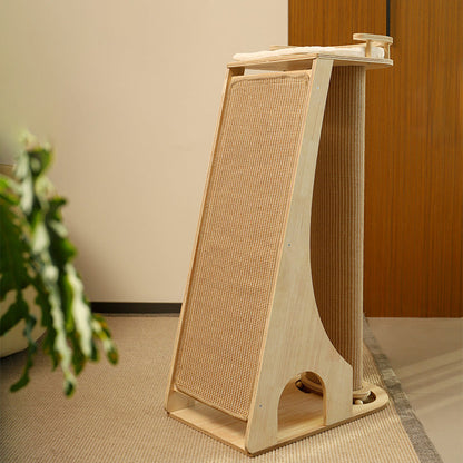 Modern Minimalist Rectangular Trapezoidal Cotton-Linen Medium Density Fiberboard Fabric Cat Tree & Condo 1-Perch 2-Scratching Post For Living Room