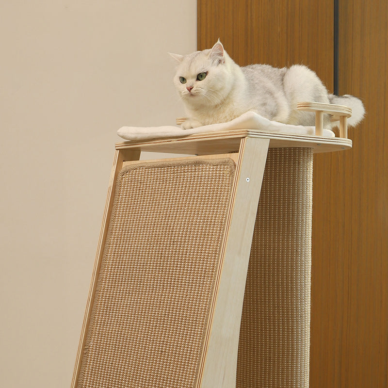 Modern Minimalist Rectangular Trapezoidal Cotton-Linen Medium Density Fiberboard Fabric Cat Tree & Condo 1-Perch 2-Scratching Post For Living Room