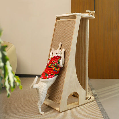 Modern Minimalist Rectangular Trapezoidal Cotton-Linen Medium Density Fiberboard Fabric Cat Tree & Condo 1-Perch 2-Scratching Post For Living Room