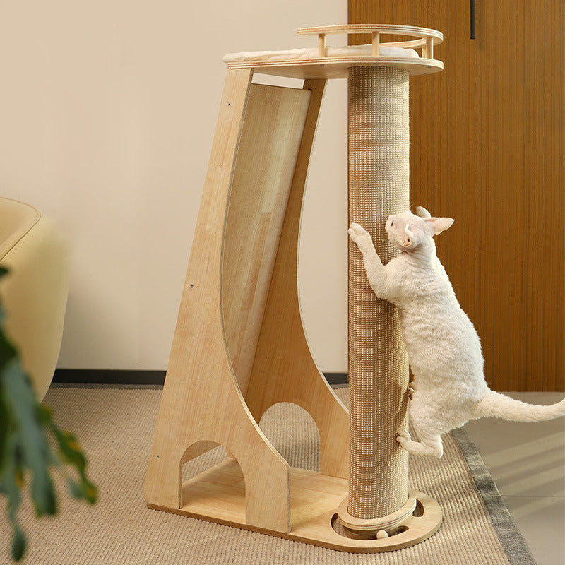 Modern Minimalist Rectangular Trapezoidal Cotton-Linen Medium Density Fiberboard Fabric Cat Tree & Condo 1-Perch 2-Scratching Post For Living Room