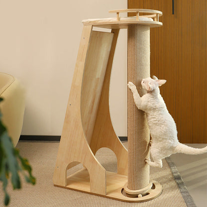 Modern Minimalist Rectangular Trapezoidal Cotton-Linen Medium Density Fiberboard Fabric Cat Tree & Condo 1-Perch 2-Scratching Post For Living Room