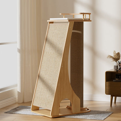 Modern Minimalist Rectangular Trapezoidal Cotton-Linen Medium Density Fiberboard Fabric Cat Tree & Condo 1-Perch 2-Scratching Post For Living Room