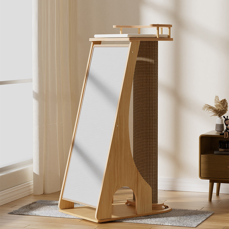 Modern Minimalist Rectangular Trapezoidal Cotton-Linen Medium Density Fiberboard Fabric Cat Tree & Condo 1-Perch 2-Scratching Post For Living Room