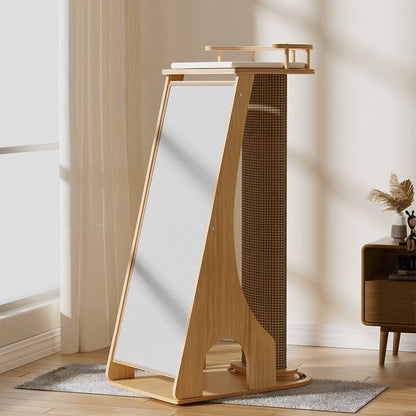 Modern Minimalist Rectangular Trapezoidal Cotton-Linen Medium Density Fiberboard Fabric Cat Tree & Condo 1-Perch 2-Scratching Post For Living Room