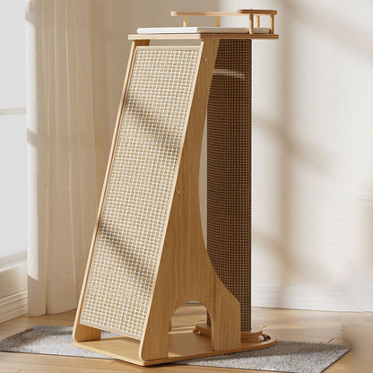 Modern Minimalist Rectangular Trapezoidal Cotton-Linen Medium Density Fiberboard Fabric Cat Tree & Condo 1-Perch 2-Scratching Post For Living Room
