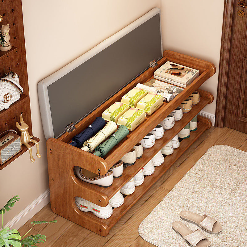 Modern Minimalist Bamboo PU Leather Rectangular Shoe Bench With 2-Tier Storage For Entryway