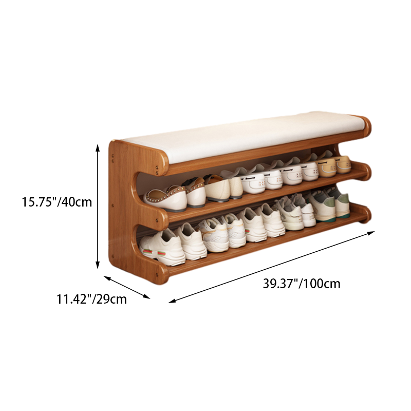 Modern Minimalist Bamboo PU Leather Rectangular Shoe Bench With 2-Tier Storage For Entryway