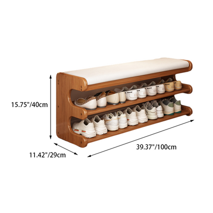 Modern Minimalist Bamboo PU Leather Rectangular Shoe Bench With 2-Tier Storage For Entryway