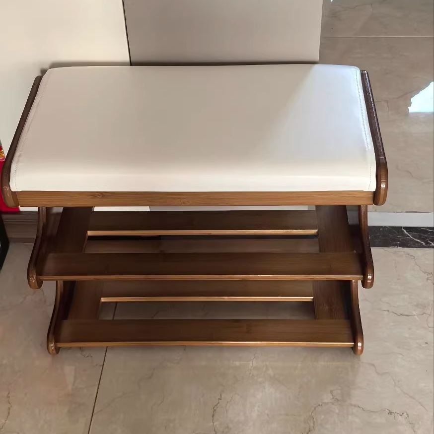 Modern Minimalist Bamboo PU Leather Rectangular Shoe Bench With 2-Tier Storage For Entryway