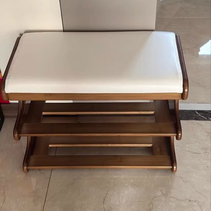 Modern Minimalist Bamboo PU Leather Rectangular Shoe Bench With 2-Tier Storage For Entryway