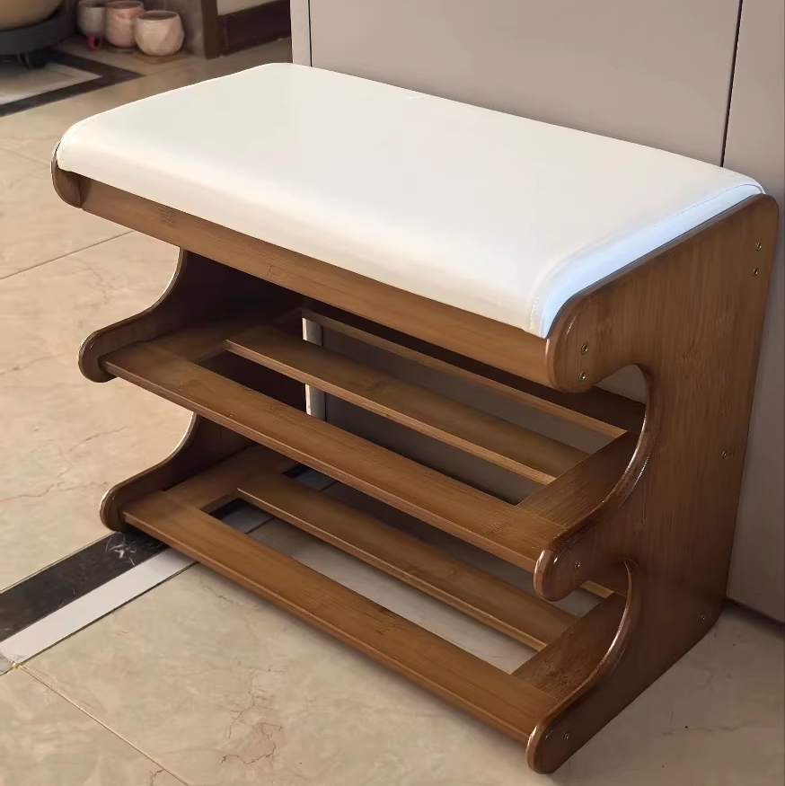 Modern Minimalist Bamboo PU Leather Rectangular Shoe Bench With 2-Tier Storage For Entryway