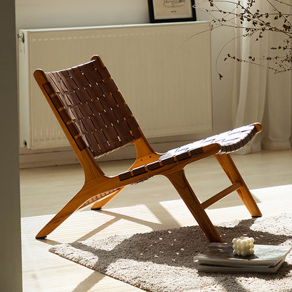 Traditional Rustic Faux Saddle Leather Solid Wood Rectangular Accent Chair Backrest Armless For Living Room