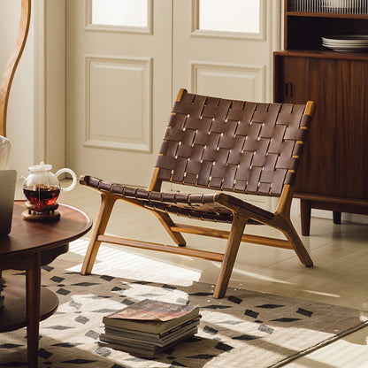 Traditional Rustic Faux Saddle Leather Solid Wood Rectangular Accent Chair Backrest Armless For Living Room